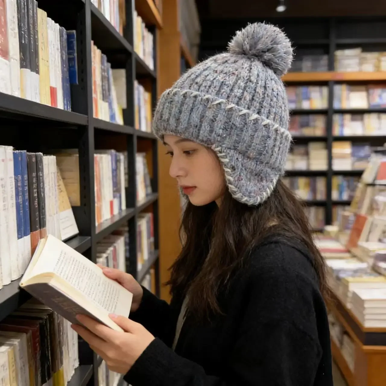 2027Korean Woolen Mixed Flower Yarn Knitted Bomber Hat Autumn and Winter Thickening Warm Ear Protection Women Outdoor Skiing Hat