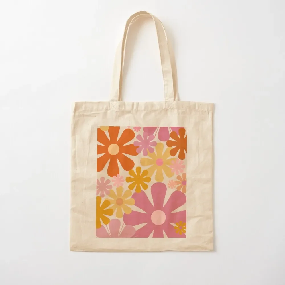 Retro 60s 70s Flowers - Vintage Style Floral Pattern in Thulian Pink, Orange, Mustard, and Cream Tote Bag Beach bag