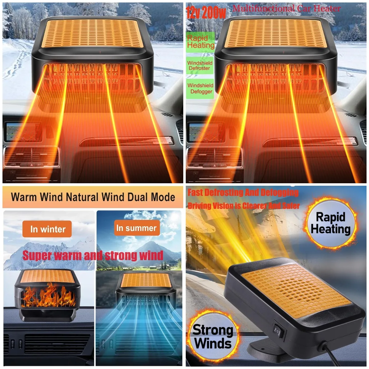 

12V Portable Car Heater with 360° Rotary Defroster, Plugs into Cigarette Lighter