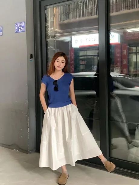 

Юбка А-силуэта с высокой талией, женская плиссированная юбка миди с эластичной резинкой на талии, корейская универсальная юбка, стройнящая фигуру