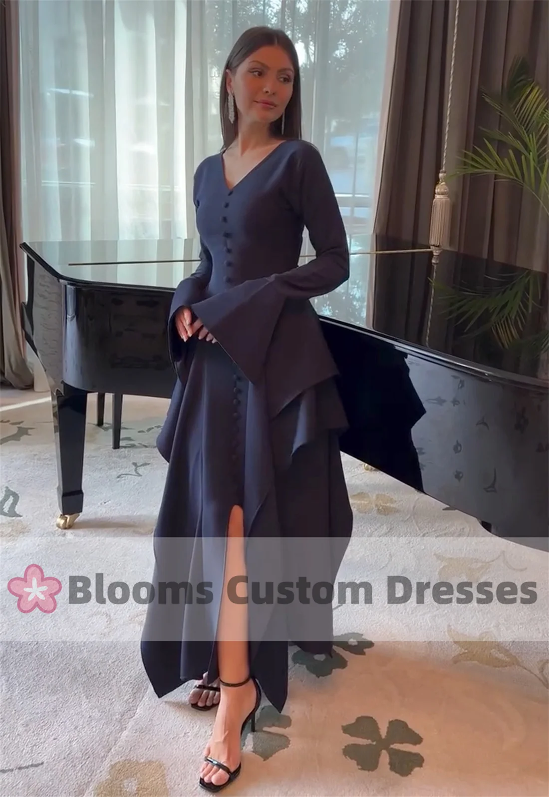 Blooms V-Neck Navy Blue Long Sleeves Prom Dress Buttons Ruffles Tiered Formal Occasion Gown Elegant Women Party Evening Dresses