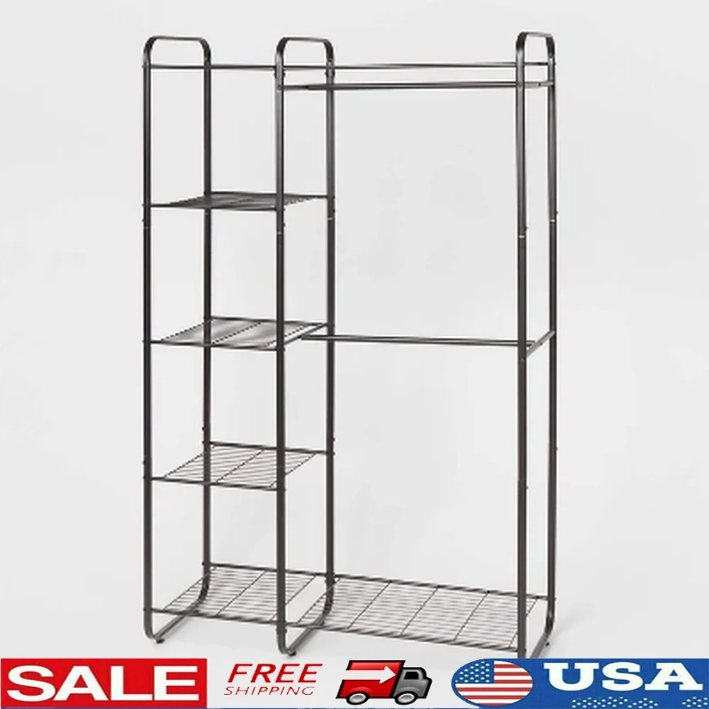 

Freestanding Metal Closet with 2 Hanging Rods and 4 Mesh Shelves Clothing Storage Easy Assembly Anti-Tip Hardware Included