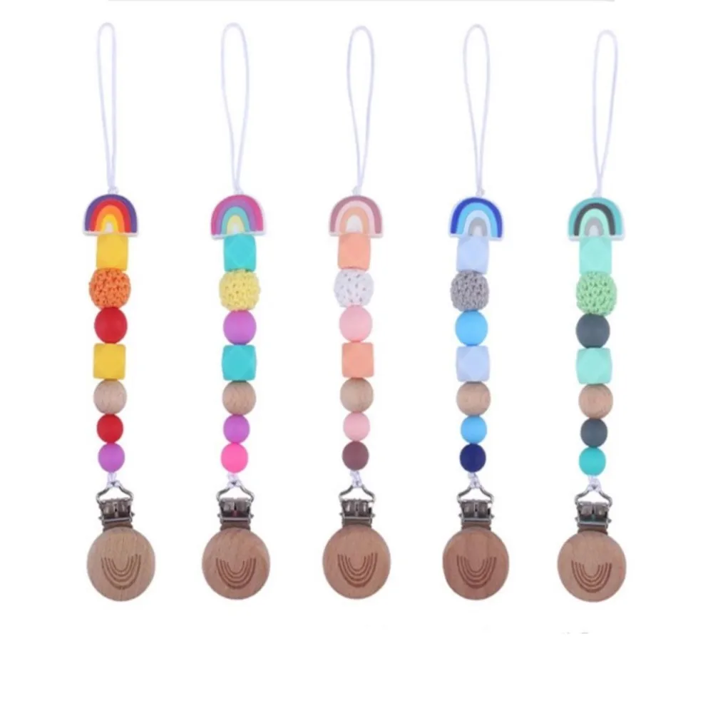 Pacifier Chain 1pc Baby Teeting Chains Crochet Rainbow Beads Wooden Clips Wood Teether Tiny Rod Kids Dummy Clips