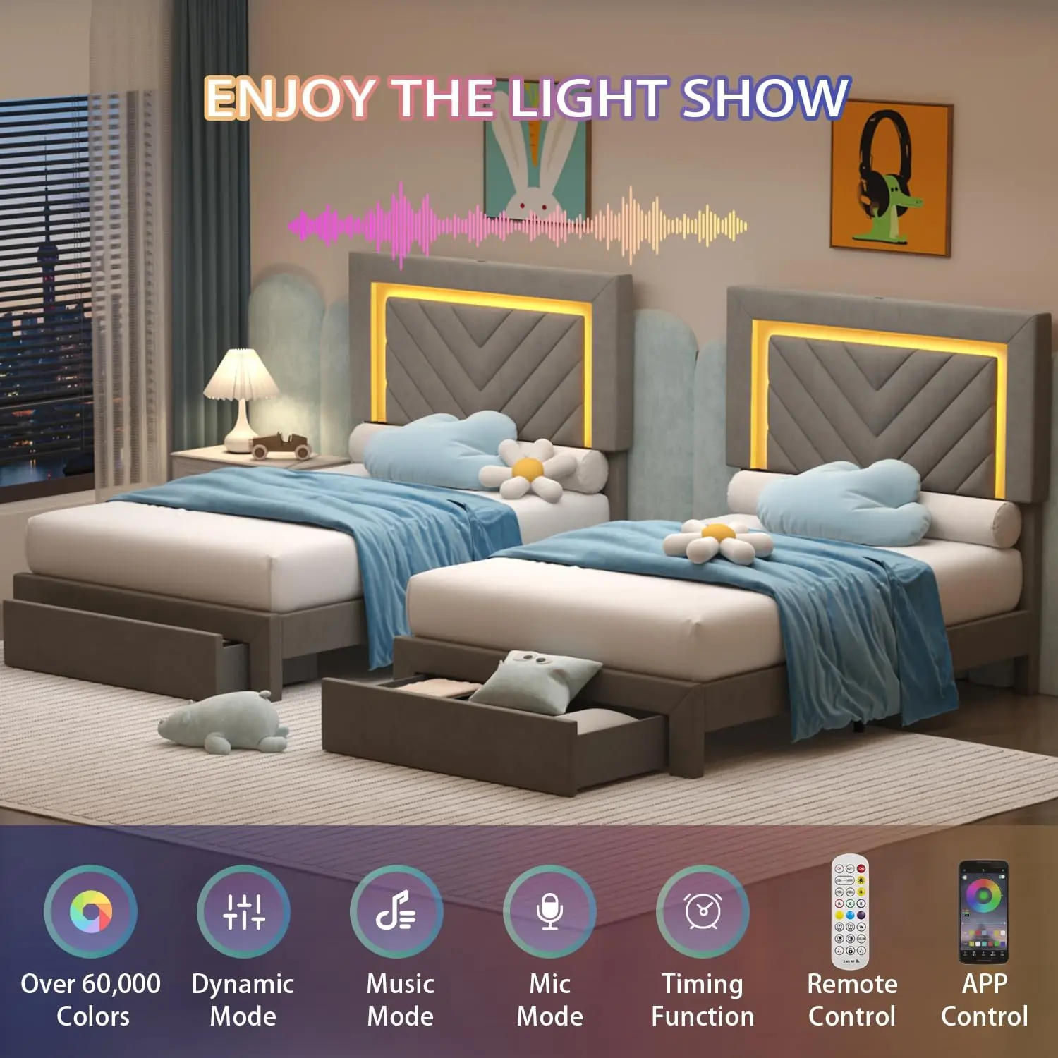 Twin Bed Frame with LED Headboard and Storage Drawer, Velvet Platform Bed Frame Twin Size with Charging Station, Adjustable
