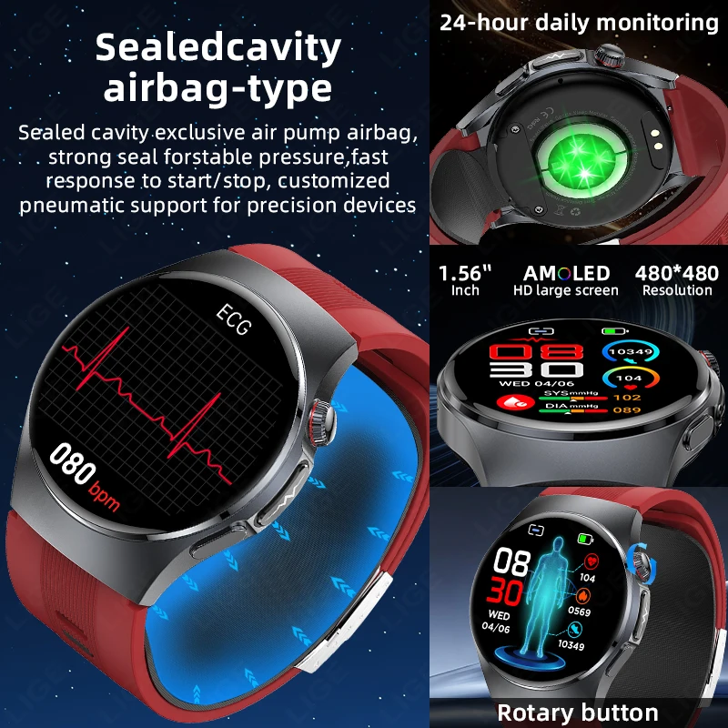 LIGE Air Pump Airbag True Blood Pressure Smartwatch ECG+PPG Micro Physical Examination Multi Dimensional Health Monitor Watches