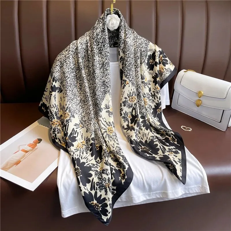 Print Twill Silk 90cm Square Scarf Women Luxury Floral Hair Neckerchief Shawl Wraps Bandanda Hijab Foulard Head Band Echarpe