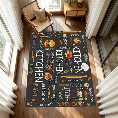 Kitchen Cooking Print Carpet, Kitchenware Pattern Carpet, Non-Slip Floor Mat, for Restaurant and Kitchen Decoration