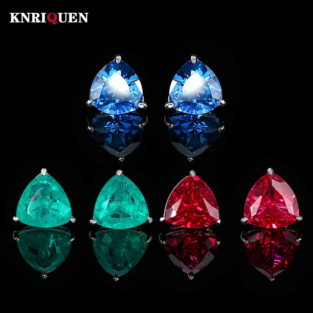 

Charms Triangle 10*10mm Ruby Sapphire Emerald Stud Earrings for Women Lab Gemstone Personality Fine Jewelry Statement Wholesale