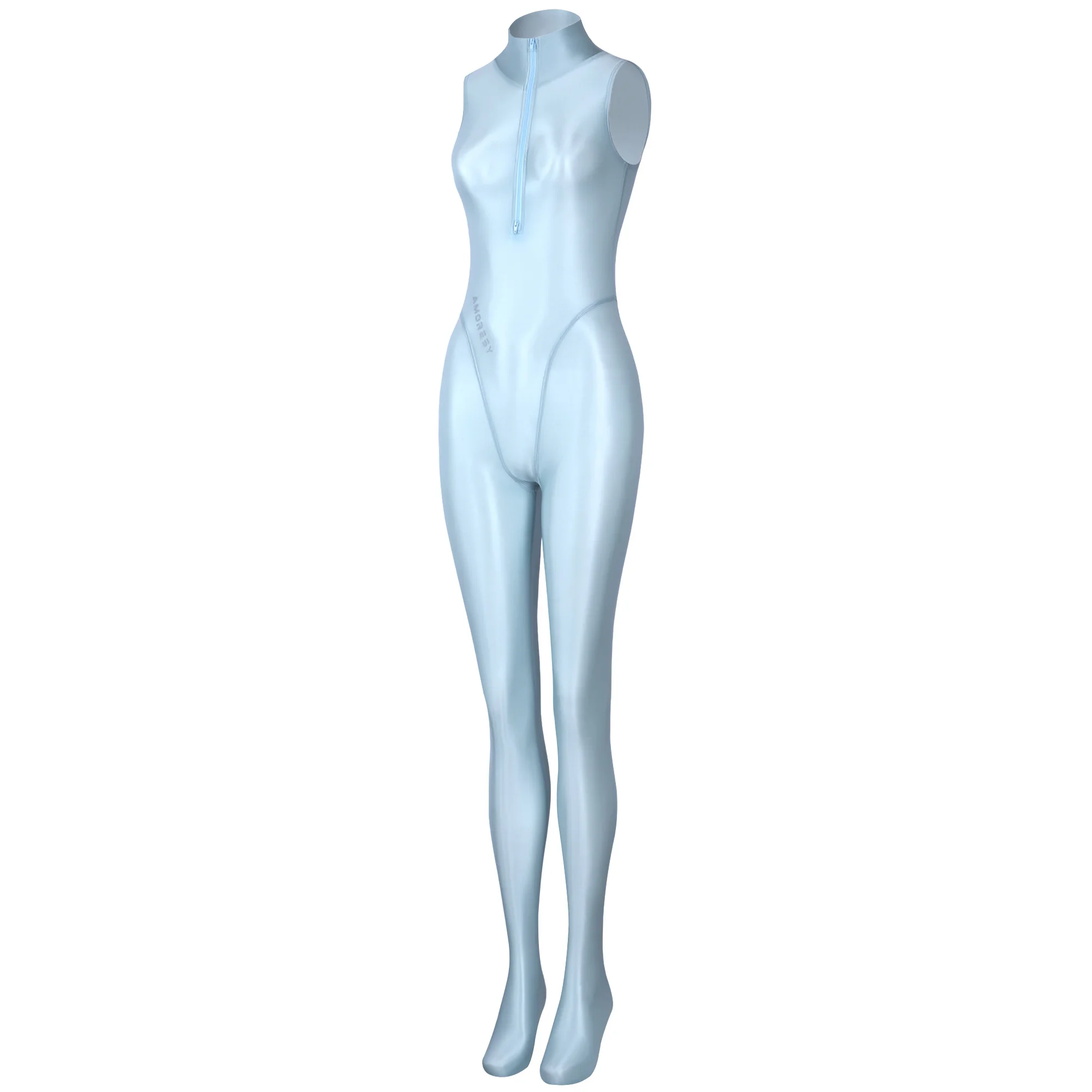 AMORESY dünner, glänzender, ölglatter, bidirektionaler Frontreißverschluss-Jumpsuit, einfarbiger, hochgeschlossener, ärmelloser Badeanzug – Detail 13