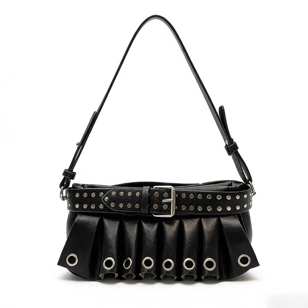 

Y2k Girls Metal Studded Crossbody Shoulder Bag,Women Rivet Belt Buckle Ruffled Skirt Hem Design Handbag,Unique Edgy Sling Bag