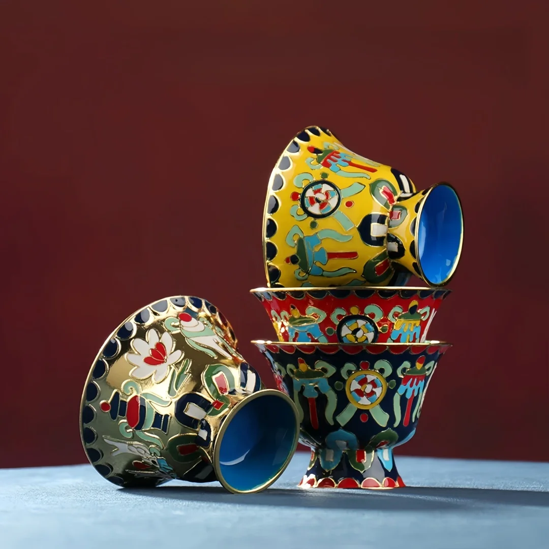 Tibetan Offering Bowl Cloisonne Eight Auspicious Symbols Alloy Cup Buddhist Altar Water Supply Decoration