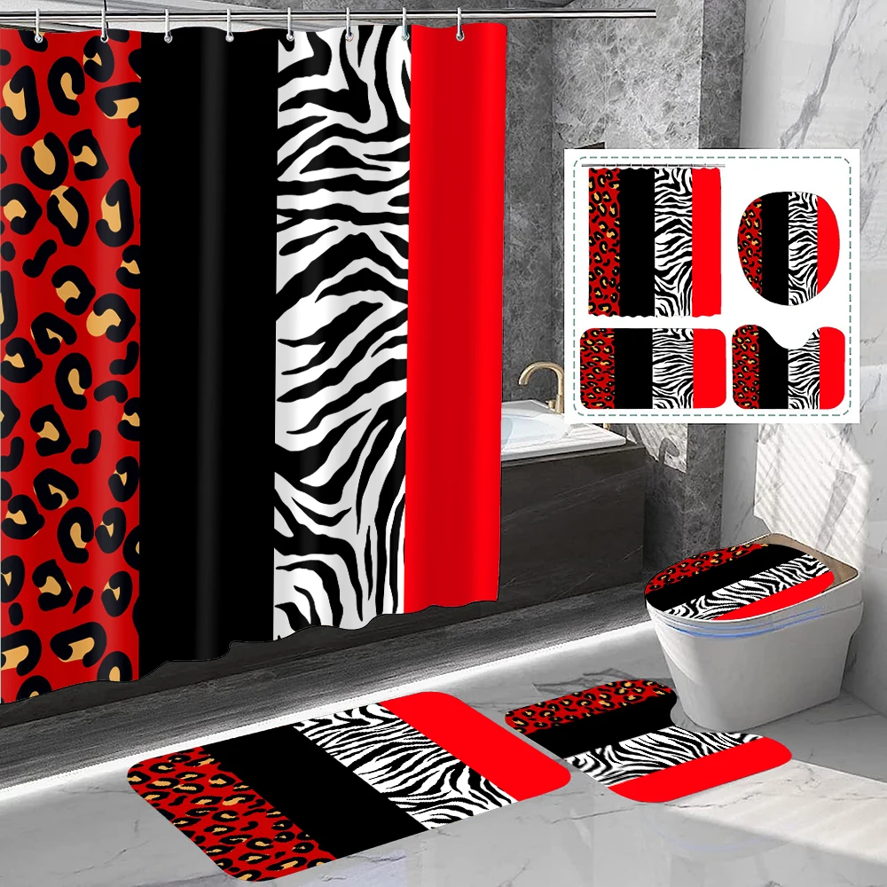 

1 комплект красных и черных штор для душа с леопардовым принтом зебры, современный стиль, с пластиковыми крючками и ковриками для ванной комнаты.