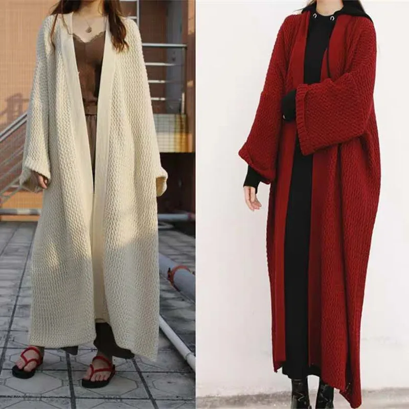 2024 Loose Long Coats Women Knitted Cardigan Over Knee Thick Thread Fat Large Sweater Jacket Autumn Winter Overcoat