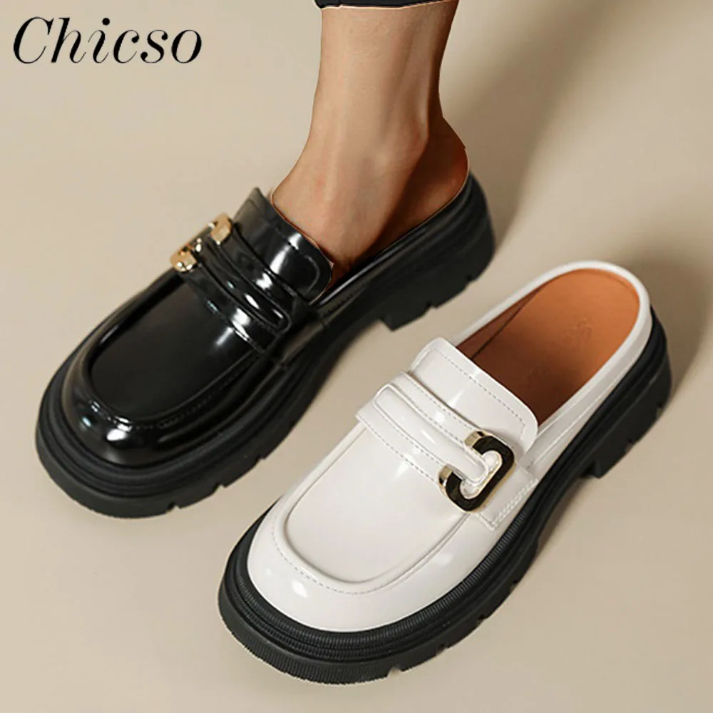 Loafers Women 2024 All Season Metal Chain British Style  Ladies Soft Leather Shoes 34-40 Female Home Office Flats Mules