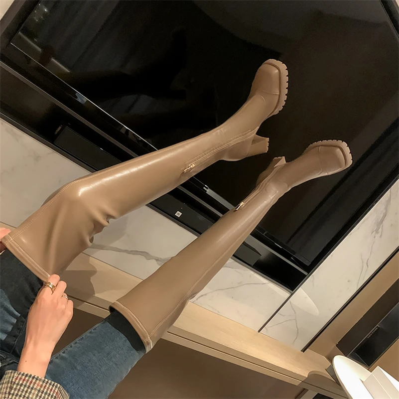 Meotina Women Genuine Leather Stretch Thigh High Boots Square Toe Thick High Heel Zipper Ladies Long Boot Autumn Winter Shoes 40