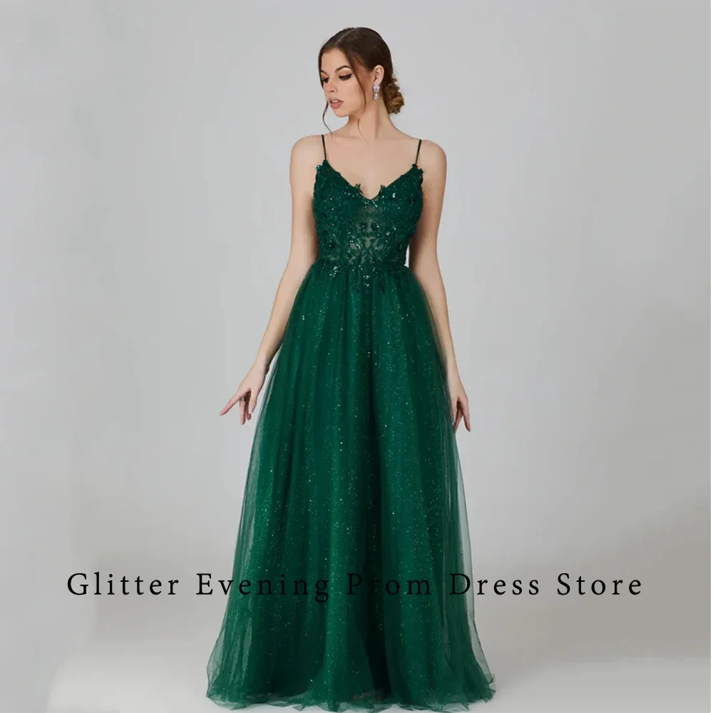 2024 Green Sexy Prom Dresses For Women A-Line V-Neck Appliques Crystal Backless Tulle Custom Made Birthday Evening Party Grows