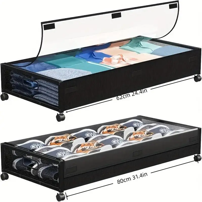2-Pack Rectangular Under Bed Storage Organizer with Wheels Black Gray Rolling Drawers Boxes Containers for Clothes Shoes Blankets Space Saving Bedroom Closet Organization - view 2