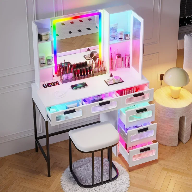 HBC RGB Mirror and Lights,LED Vanity Makeup Desk with USB/Wireless Charger Station,Vanities Dressing Table Se