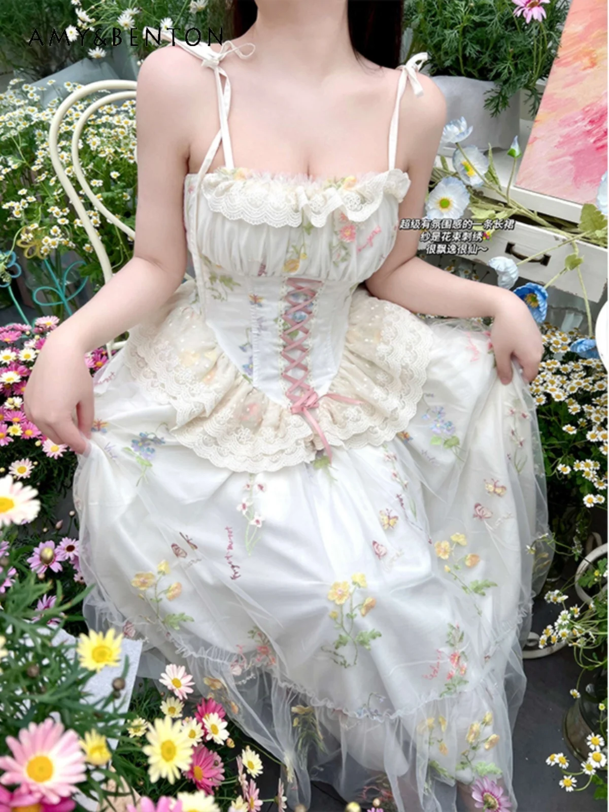 Spring Summer Elegant Graceful Lolita Dresses Sexy Hot Girl Strapless Slim Mesh Stitching Mid-calf Dress for Women Kawaii Dress