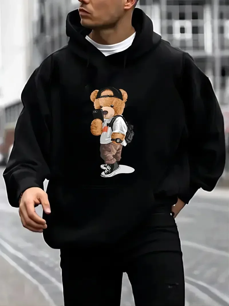 Men's Teddy Bear Funny Print Hooded Sweatshirt Casual Loose Graphic Hoodies for Male with Kangaroo Pocket Pullover Comfy Cloth