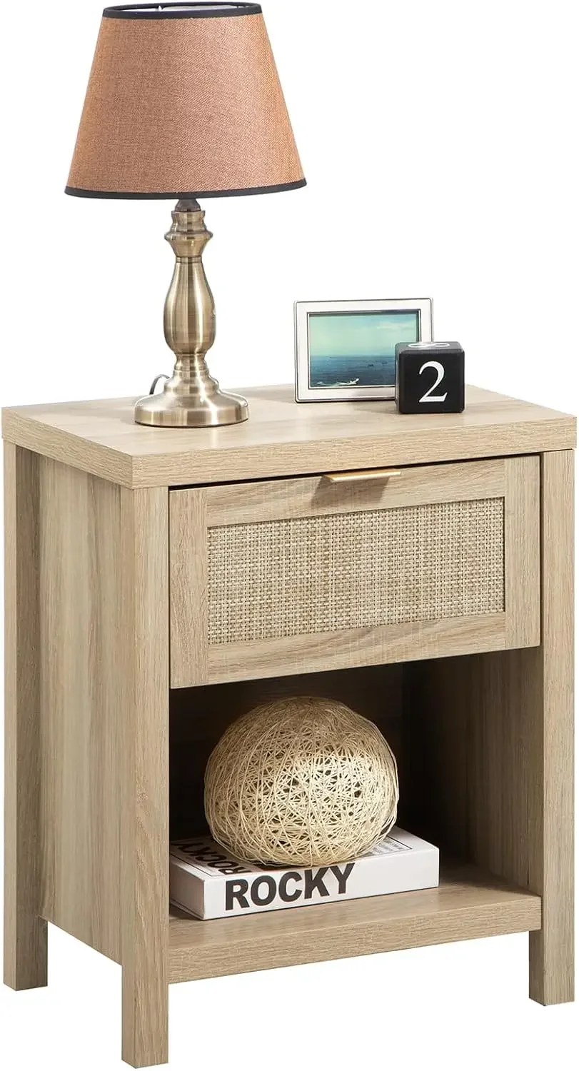 [Free Shipping, New Arrival!]Rattan Night Stands, Farmhouse Nightstand Boho End Side Table Bedside Table with Drawer and Open Sh