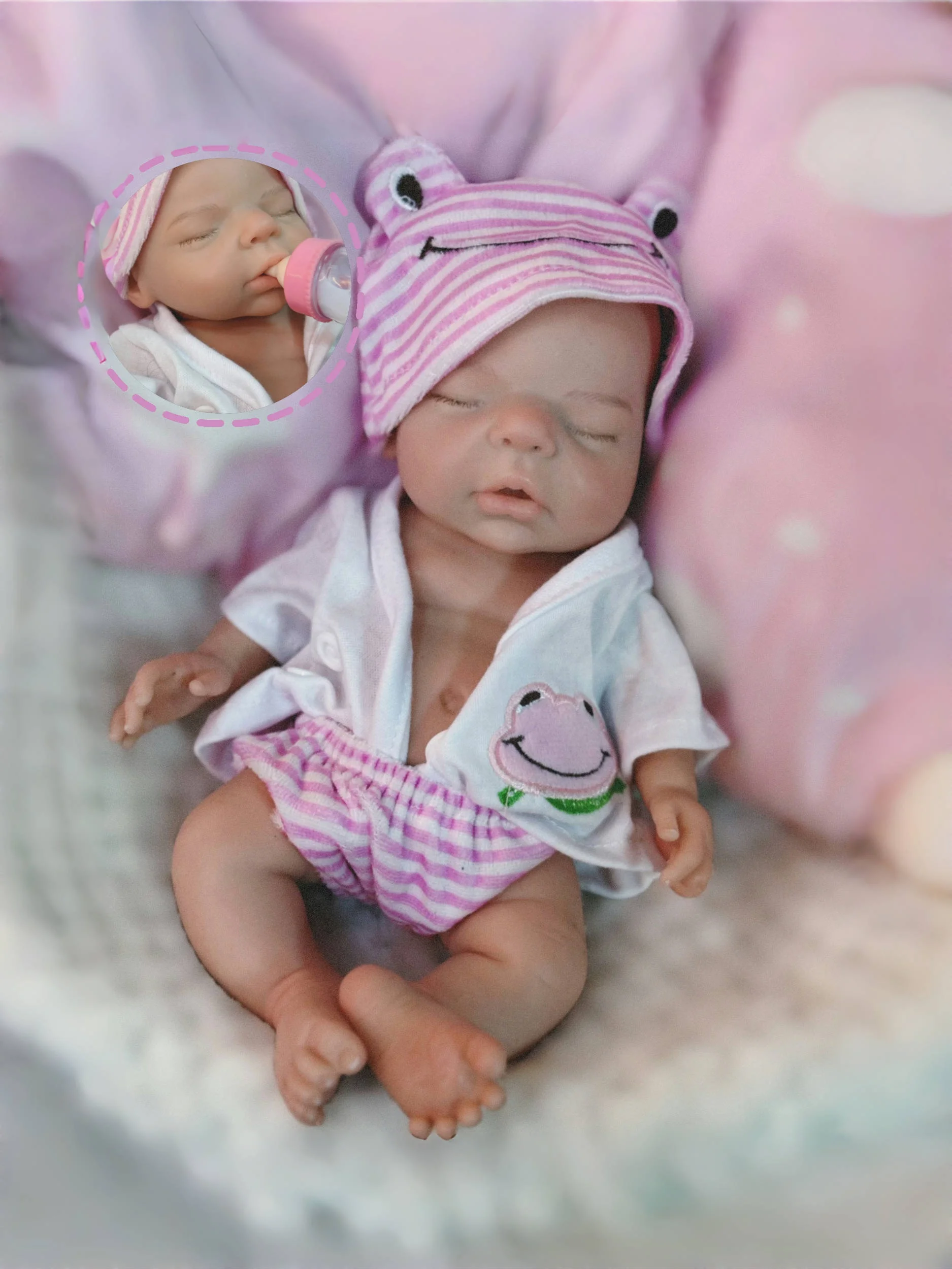 Attyi 10Inch Cute Sleeping Full Body Solid Silicone Reborn Girl Doll With Painted Skin Details Dress In Pink Outfits Bebe Reborn