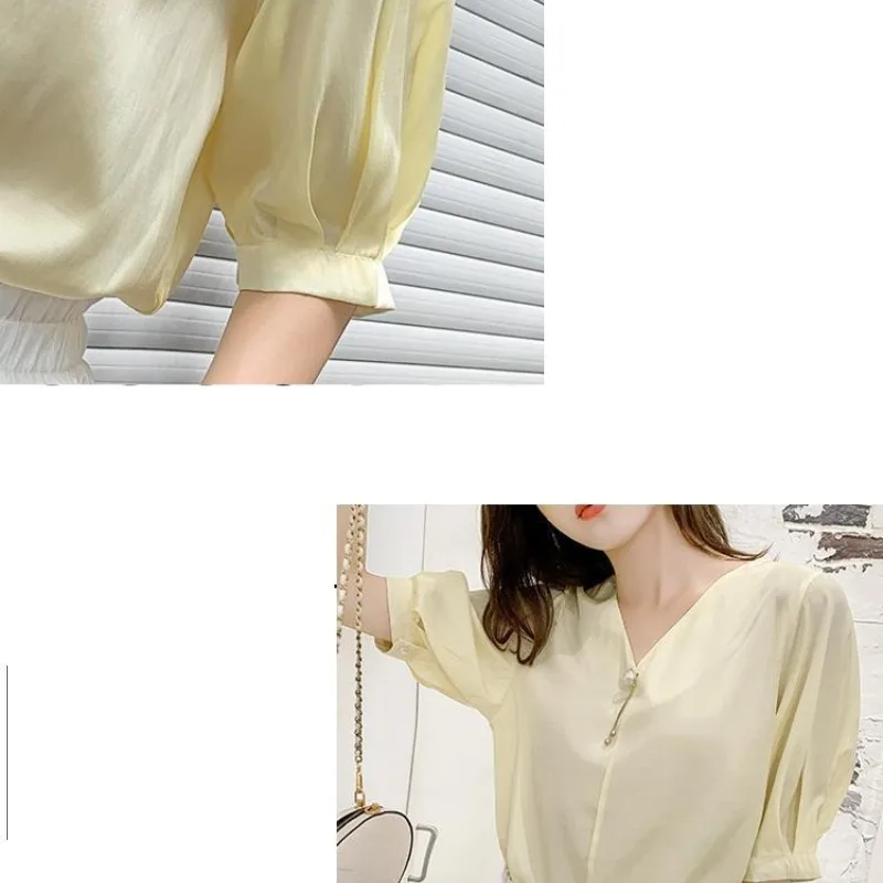 Spring Summer Chiffon Solid Color Pullover Women's Clothing Beaded V-Neck Lantern Half Sleeve T-shirt Minimalist Chic Tops