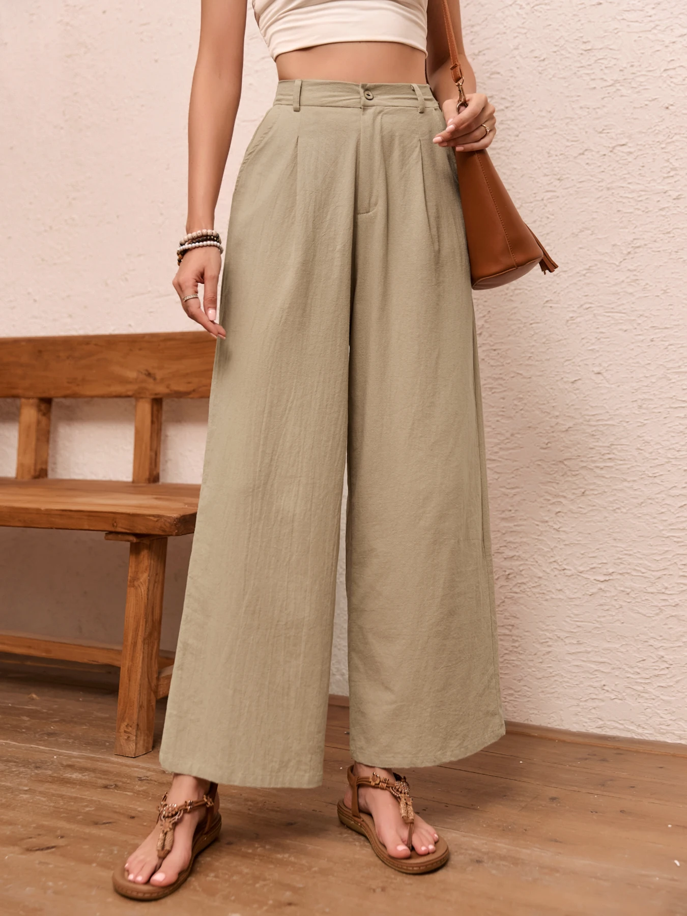 Elegante Einfarbige Leinenhose mit Weitem Bein für Damen Hochgeschnittene Fließende Lässige Sommer Lose Schlankmachende Lange Hose Frühling Herbst – Detail 2