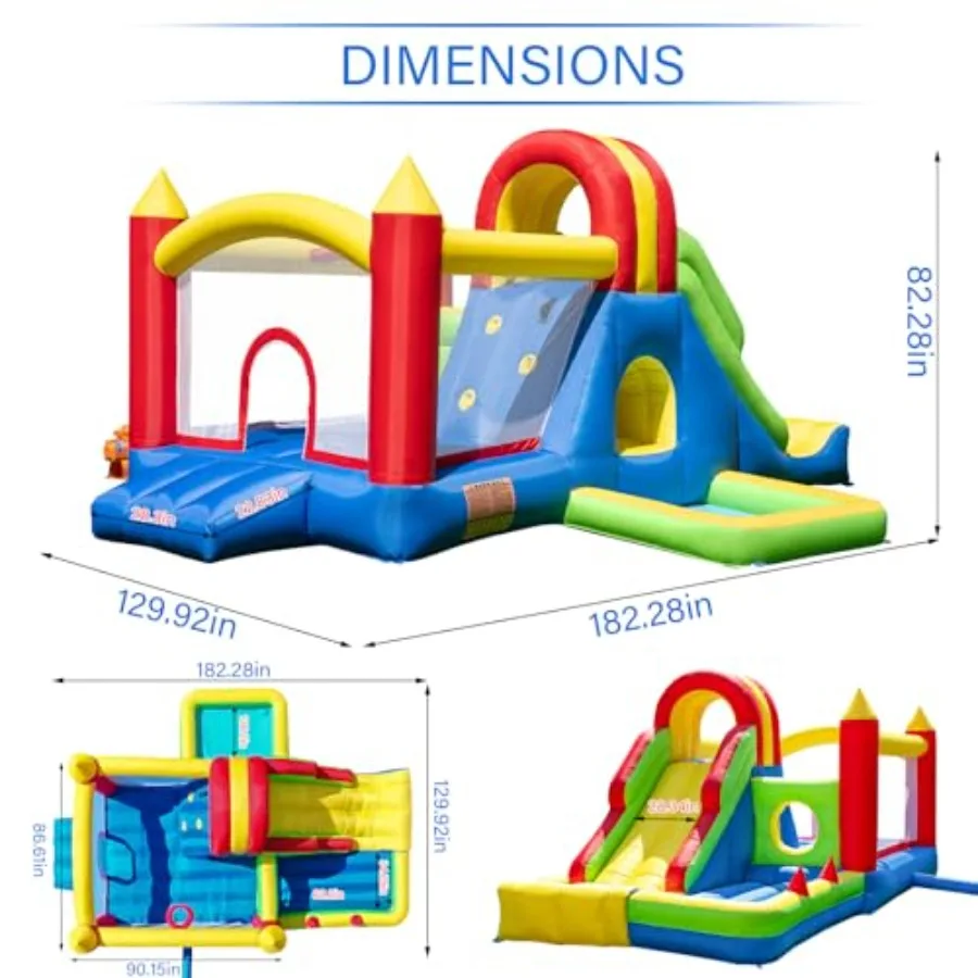 Casa grande de salto para crianças grandes – Parque infantil inflável com escorregador alto, parede de escalada, piscina de água, poço de bolinhas saltitantes, túnel, rin