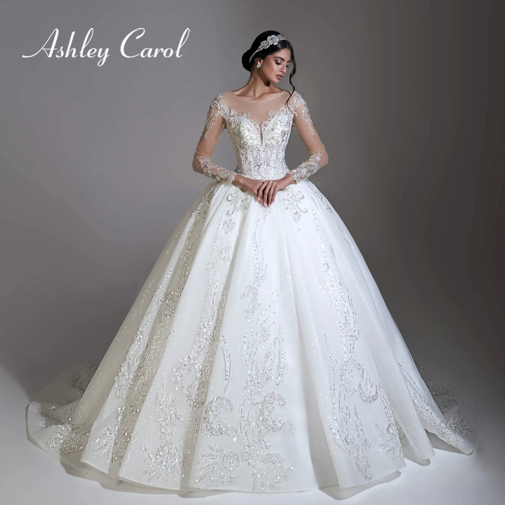 Ashley Carol Ball Gown Wedding Dress 2022 Luxury Princess Beaded V-neckline Long Sleeves Appliques Bridal Dresses Robe De Mariee