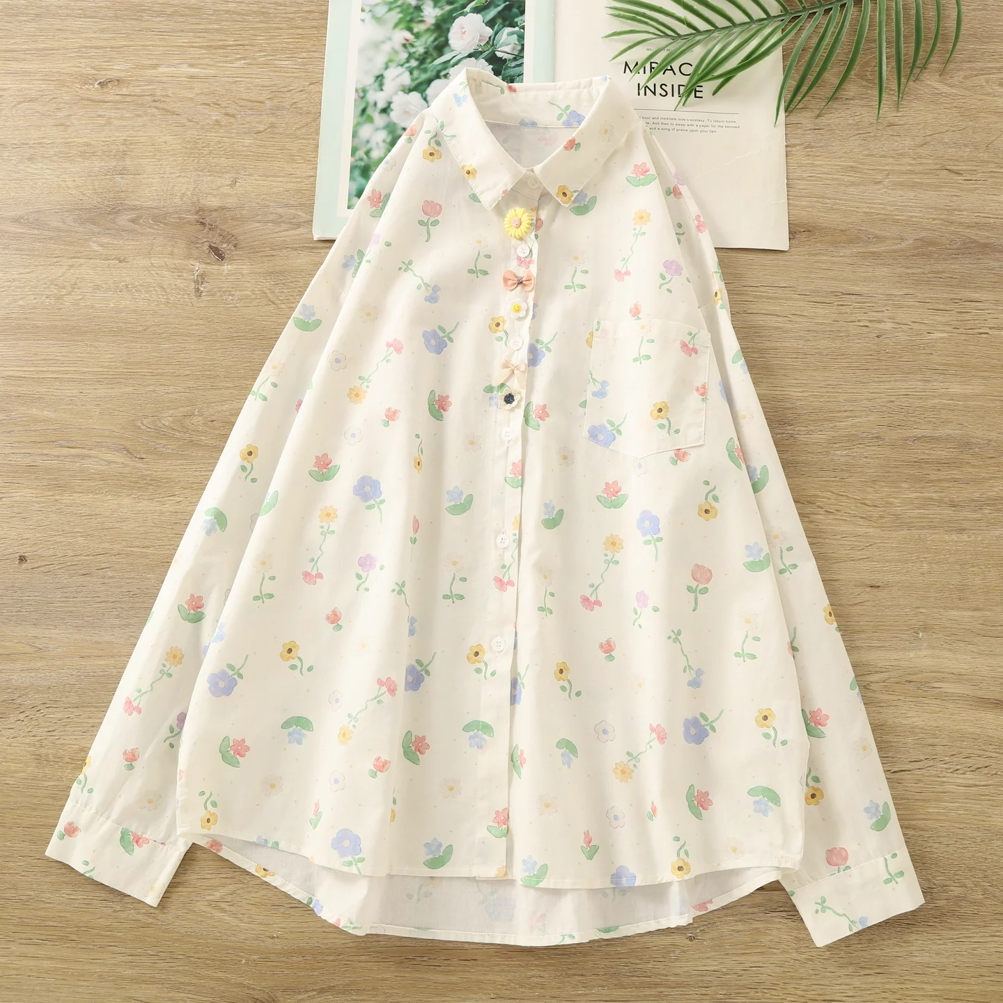 Japanese vintage clothes 100% cotton garden flower print shirts and blouses for women autumn sweet long sleeve tops