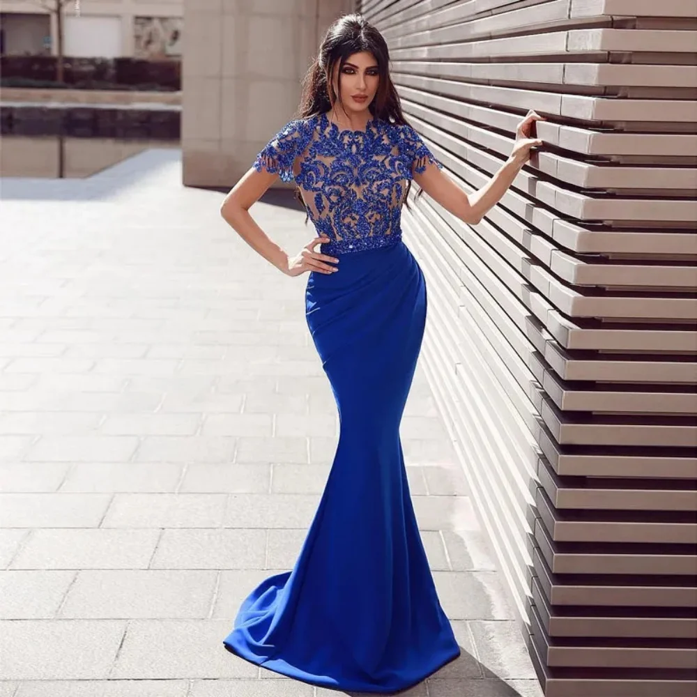 Robe de Soirée de Forme Sirène en Satin Bleu Royal, Tenue Formelle de Luxe, Amincissante, Col Rond, Perles, Appliques en Clip, Nouvelle Collection