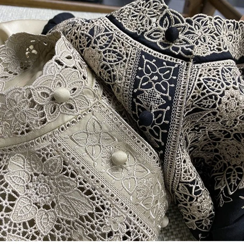

Elegant Vintage Embroidery Stand Collar Blouses 2025 Early Autumn New Shirt Women Patchwork Long Sleeve Black Tops Mujer