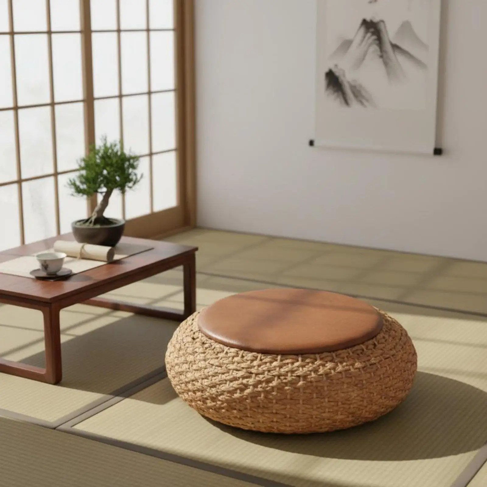 Rustic Round Tatami Cushion with Metal Frame for Bay Window Meditation and Reading Corner