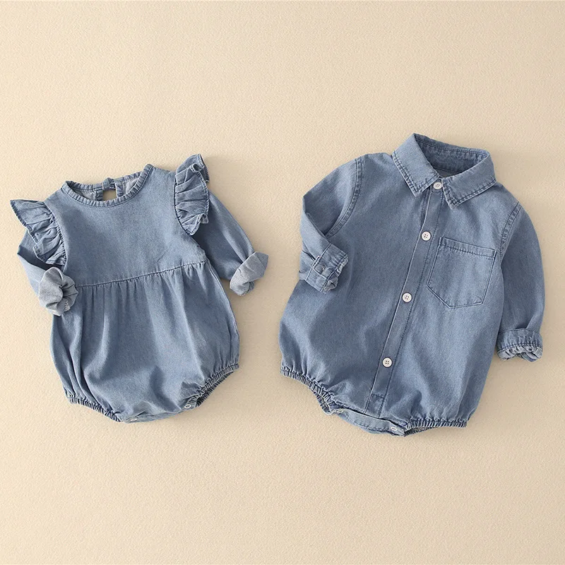 

Toddler Romper Spring Autumn Baby Girl Boy Long-sleeve Denim Romper Baby Boy Solid jumpsuit Baby Girl Outfit Brother Sister Look