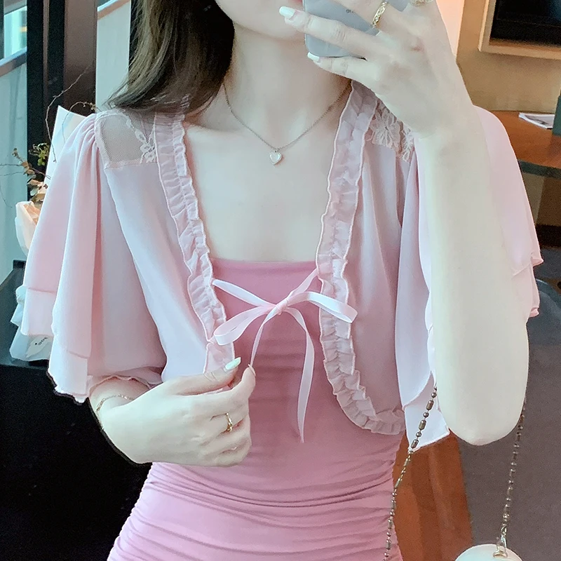 Ruffle Lace Chiffon Cropped Cardigan Women Summer Bell-Sleeve Bolero Shrug Top Korean Style Elegant Ladies White Pink Shirts