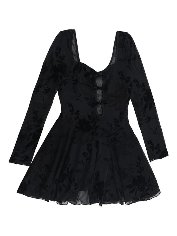 SsTss Mini abito sexy in rete trasparente Moda donna Collo quadrato Manica lunga Cut-out Stampa floreale A Line Abito da festa di mezzanotte