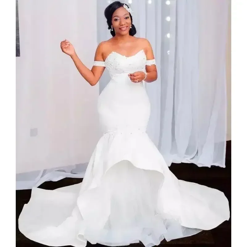 맞춤형 인어 웨딩 드레스 신부 드레스 오프 숄더 레이스 계층 스커트 끈이 없는 아프리카 신부 가운 플러스 사이즈 맞춤