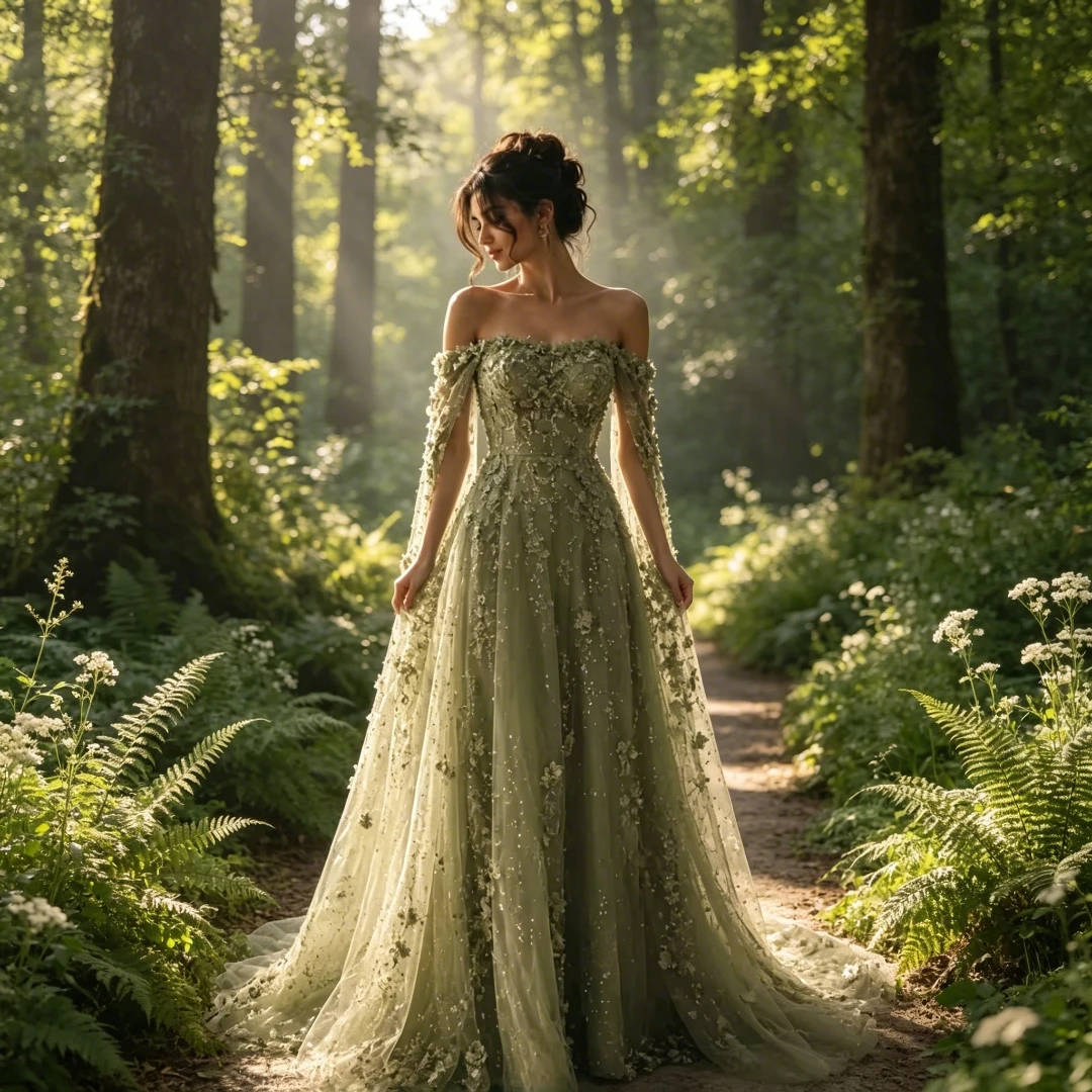 Sage Green Off Shoulder Wedding Dress Cape Sleeves Floral Lace A-Line Corset Forset Bridal Gown Fairy Bride Dress Customized