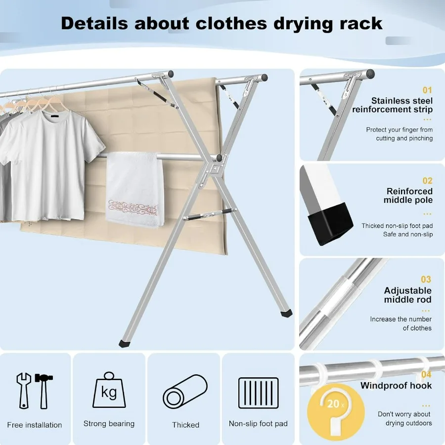 79 inches Foldable and Collapsible Stainless Steel Heavy Duty Laundry Drying Rack with Windproof Hooks for Indoor Outdoor Use S