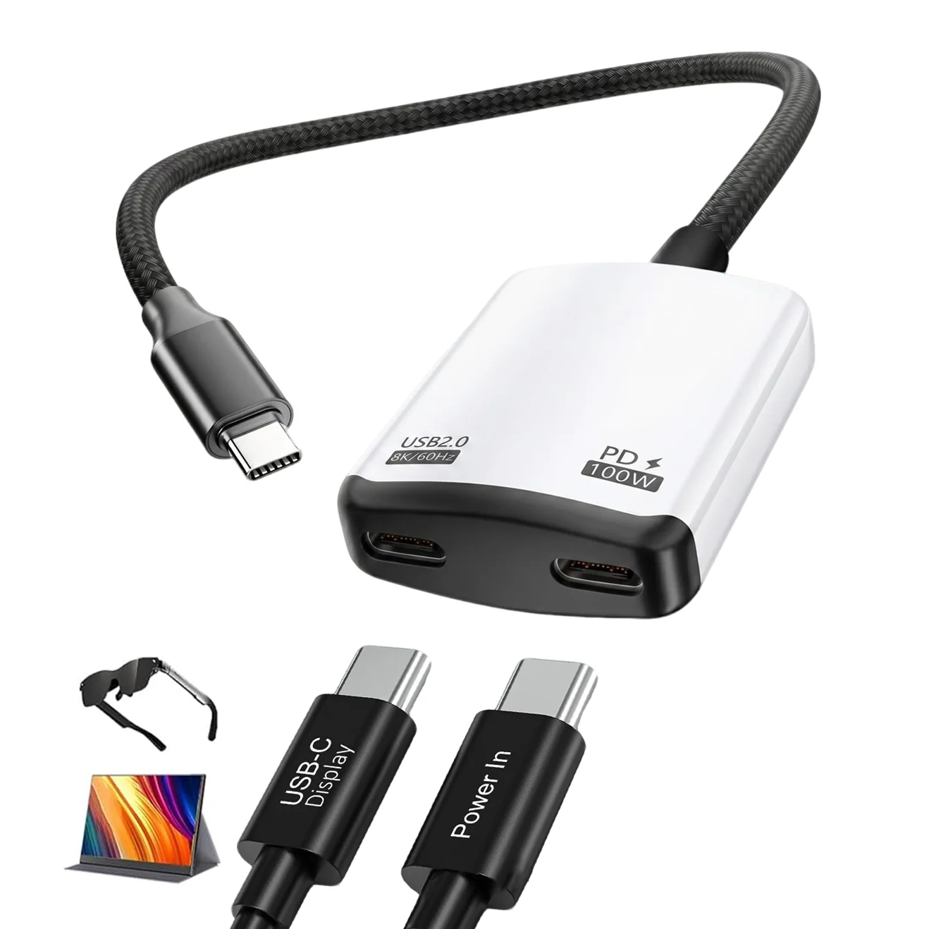 Type-C AR Glasses Converter Dongle 8K@60Hz USB C Display PD100W Charging Adapter for Xreal Viture Rokid, Steam Deck Smartphone