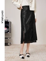 SENTUBILA Black Sequin Skirt Women 2024 Spring Summer Simple Elegant Irregular Split Solid A-line Skirts Clothing 141Q53312