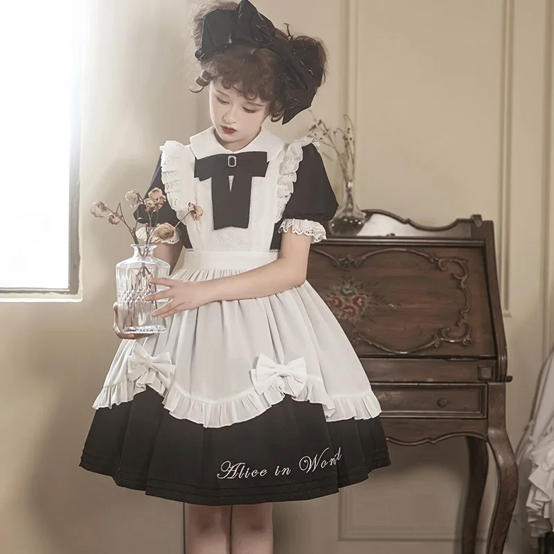 Harajuku Gothic Lolita OP Dress Women Kwaii Bow Ruffles Blue White Patchwork Princess Dresses Girl Japanese Tea Party Mini Dress