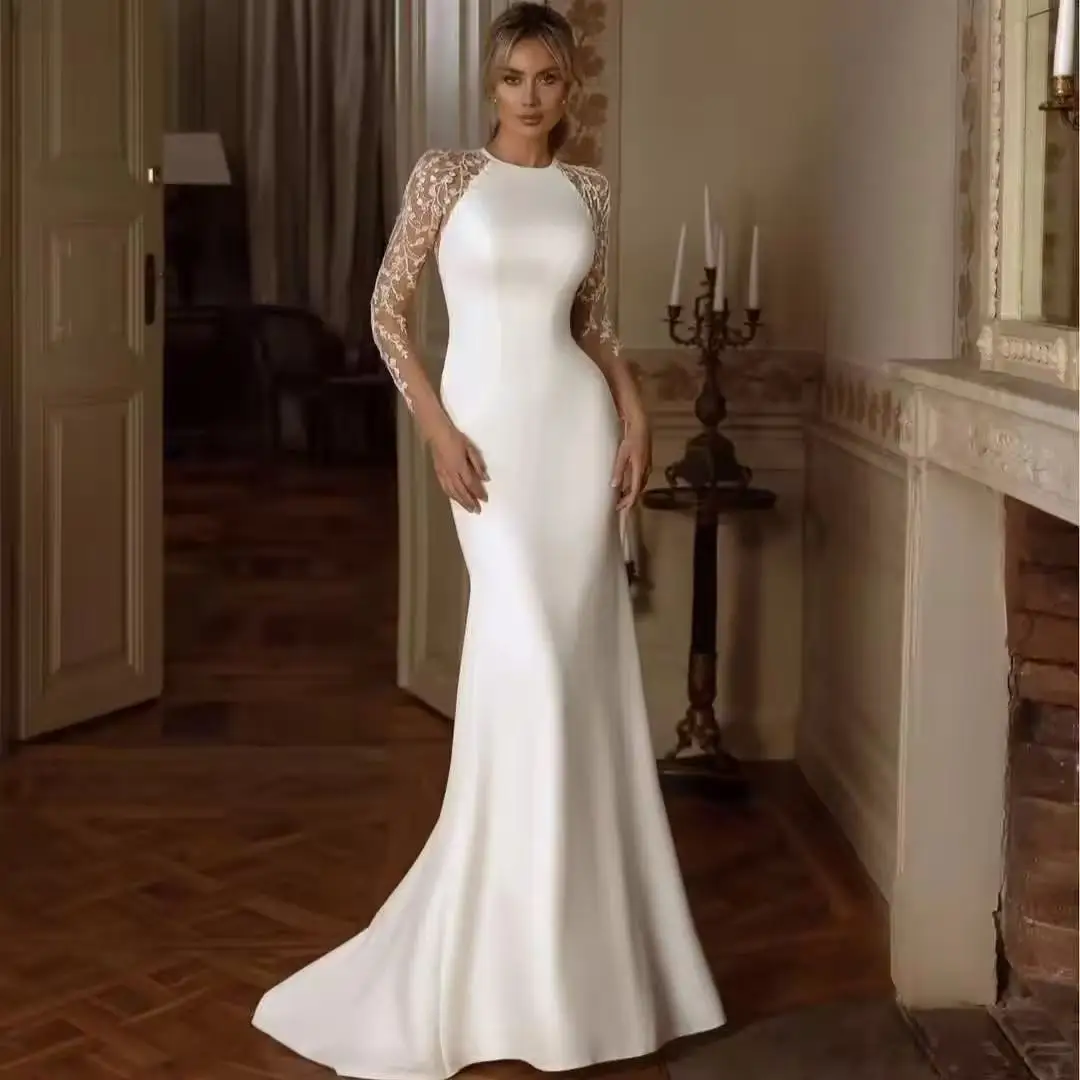 

Custom Scoop Neck Open Back Long Sleeve Appliques Satin Simple Mermaid Wedding Dresses Vestido De Noiva