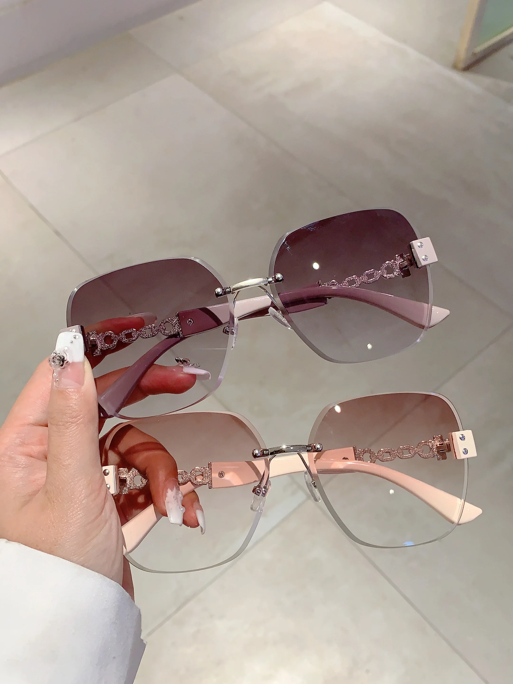 KAMMPT Neue Übergroße Randlose Kette Beine Sonnenbrille Vintage Männer Stilvolle Mode Weibliche Shades Luxus Marke Designer Brillen – Detail 1