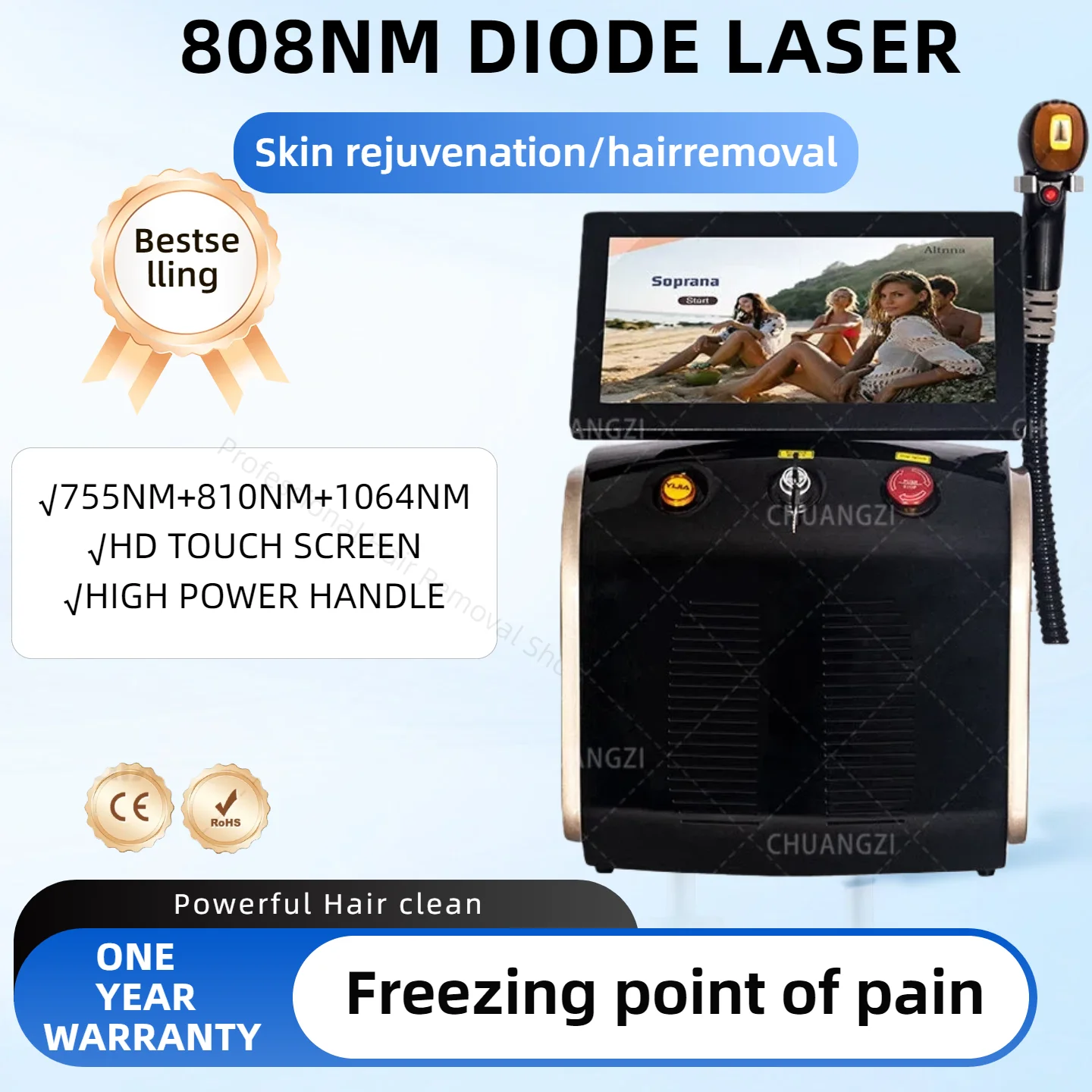 

Soprano Titanium Ice Platinum 3500W Diode Laser Hair Removal Machine 3 Wavelength 755nm 808nm 1064nm Painless Hair Remover.