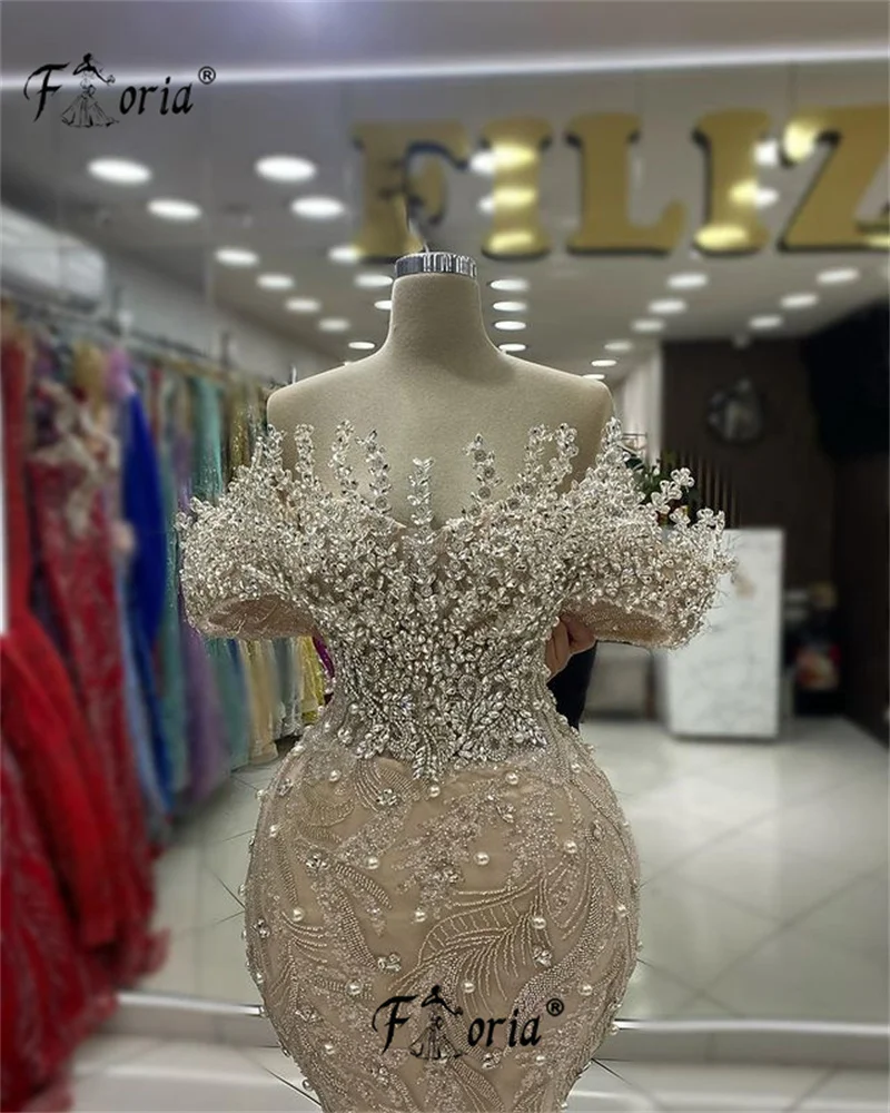 Dubai Champagne Beaded Mermaid Formal Party Dress with Detachable Train 3D Crystal Appliques Wedding Ceremony Gowns Plus Size