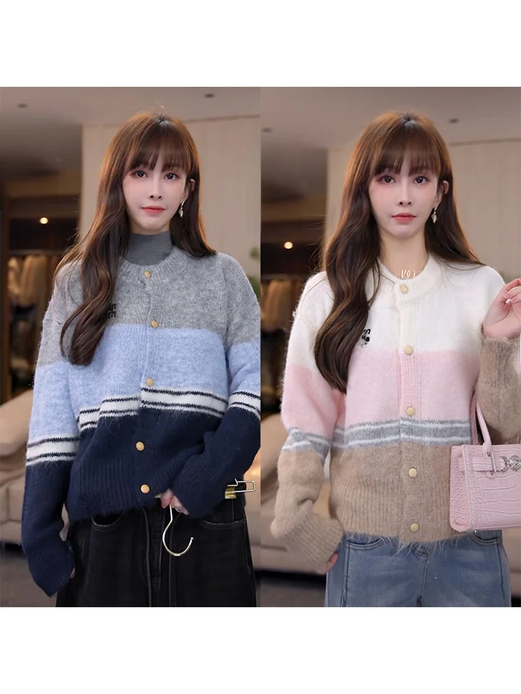 

Кардиган Miu Series Color Blo из шерсти, свободный вязаный свитер с круглым вырезом, из полиэфирного волокна, с длинными рукавами, стандартной длины