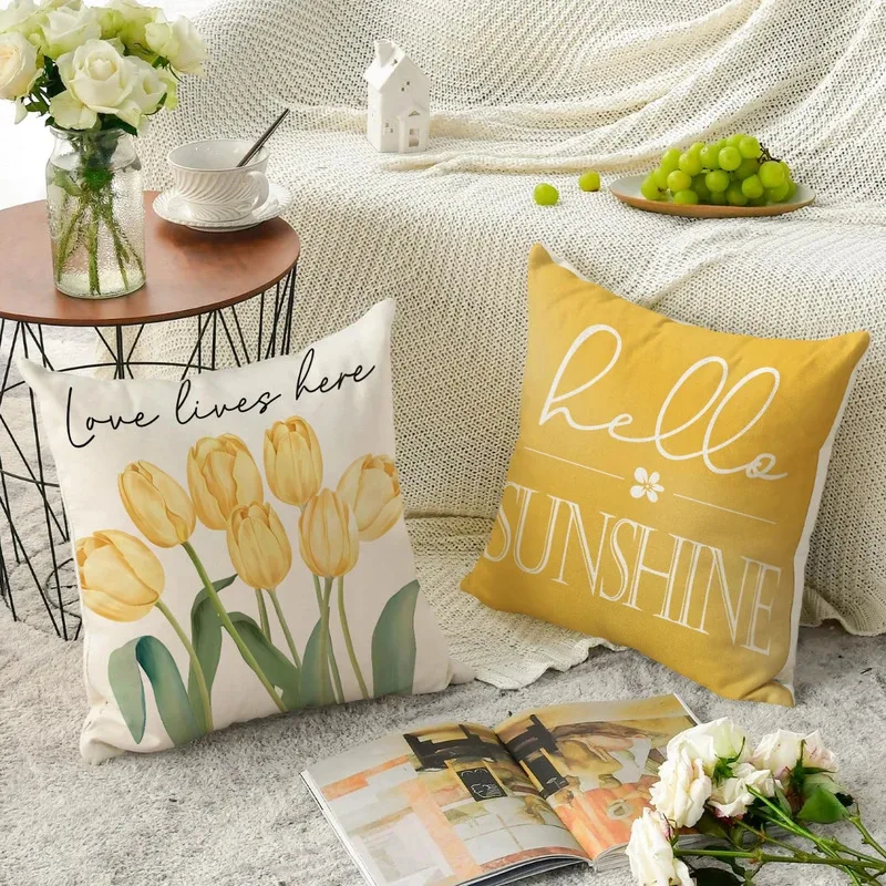 VIKAMA Tulip Print Minimalist Cushion Cover Spring Summer Floral Print Cushion Cover Rustic Style Decorative Cushion Cover