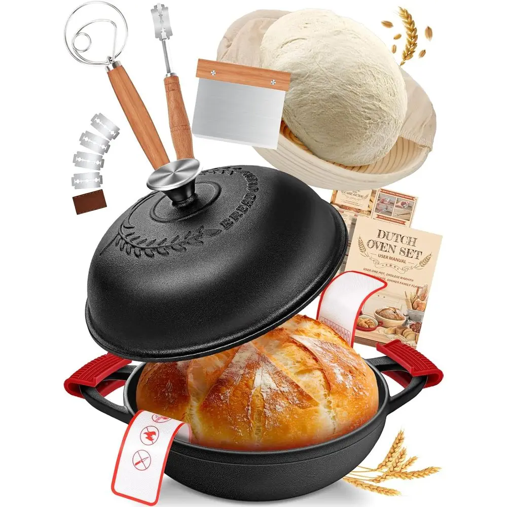 

Чугунная кастрюля Dutch Oven Bread Bg Pot с крышкой, 6QT, и полный набор для выпечки хлеба на закваске (корзина-баннетон, инструменты для теста, силиконовый поддон)
